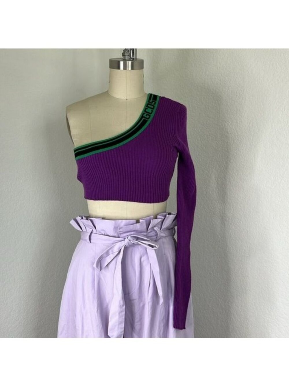 GCDS Ribbed One Sleeve Ticker Tape Cropped Sweater Top